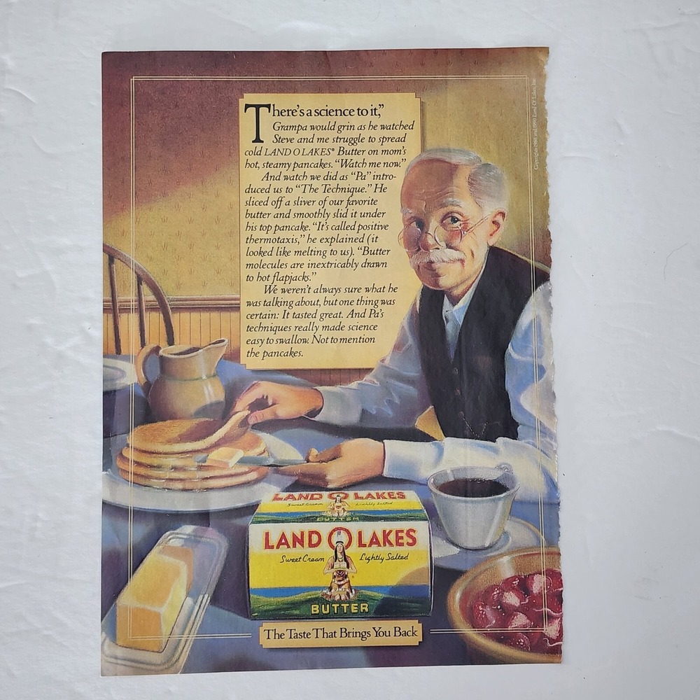 Vintage Print Ad Land o Lakes butter Indian logo Grandpa clipping 1990
